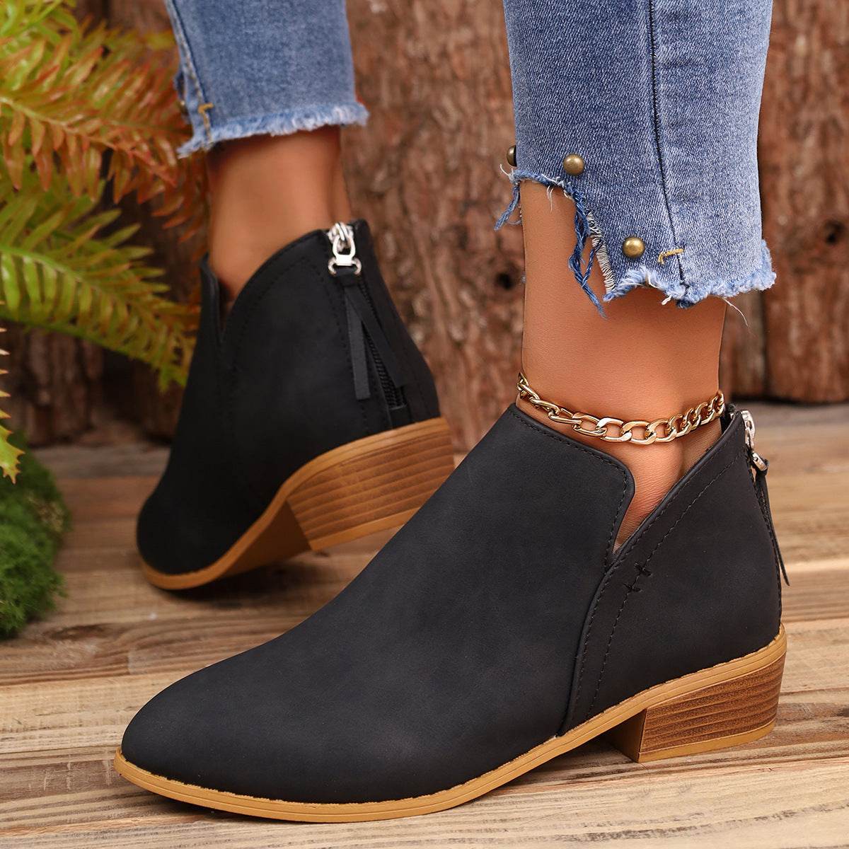 Chunky Heel Pointed Toe Ankle Boots With V-cut Design Fashion Fall Winter Short Boots For Women Shoes - Velora