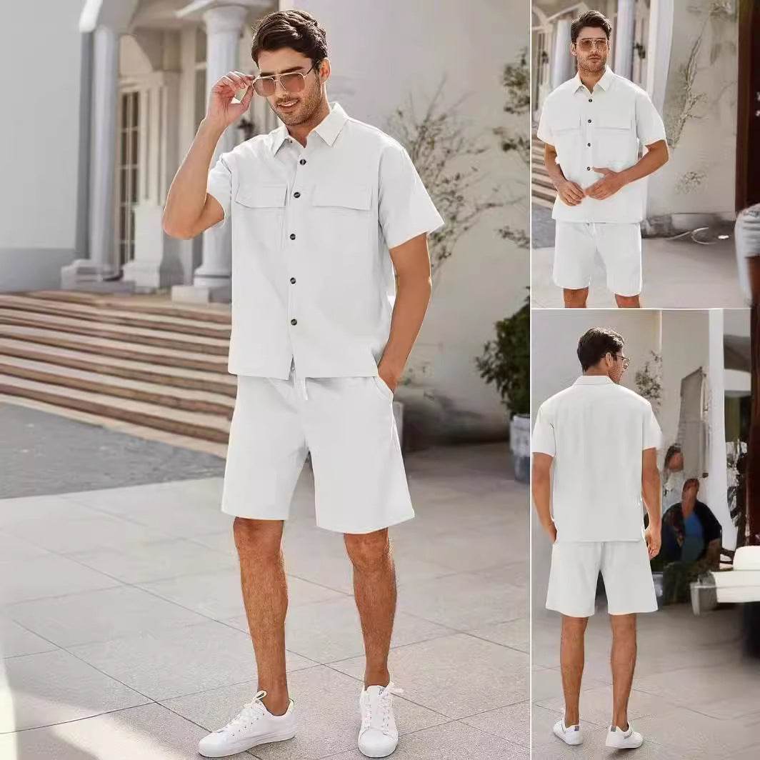 Summer Suits Men Short Sleeve Lapel Pockets Shirt And Drawstring Shorts Sports Fashion Leisure Men's Clothing - Velora