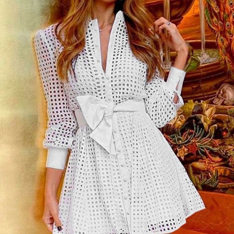 White Mesh Long Sleeve Fitted Waist Shirt Dress - Velora
