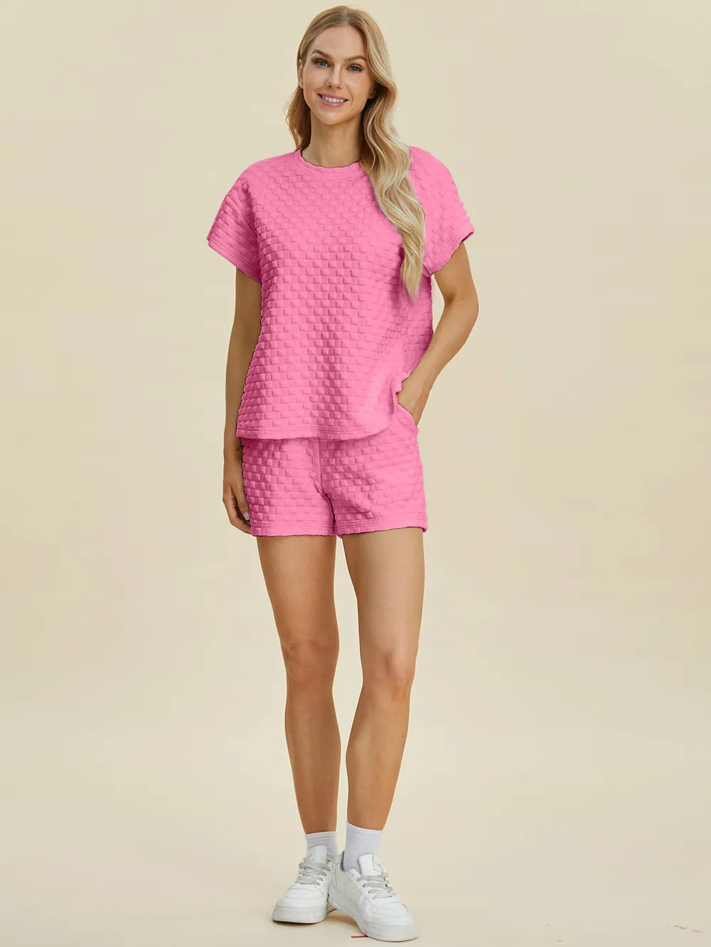 Double Take Full Size Texture T-Shirt and Shorts Set - Velora