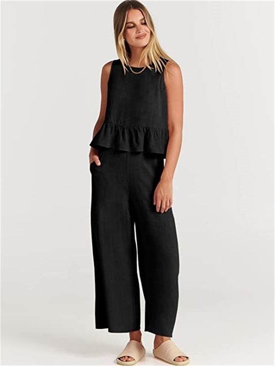 Casual Suit Summer Sleeveless Pleated Vest And Wide-leg Cropped Pants Fashion Two Piece Sets Women - Velora