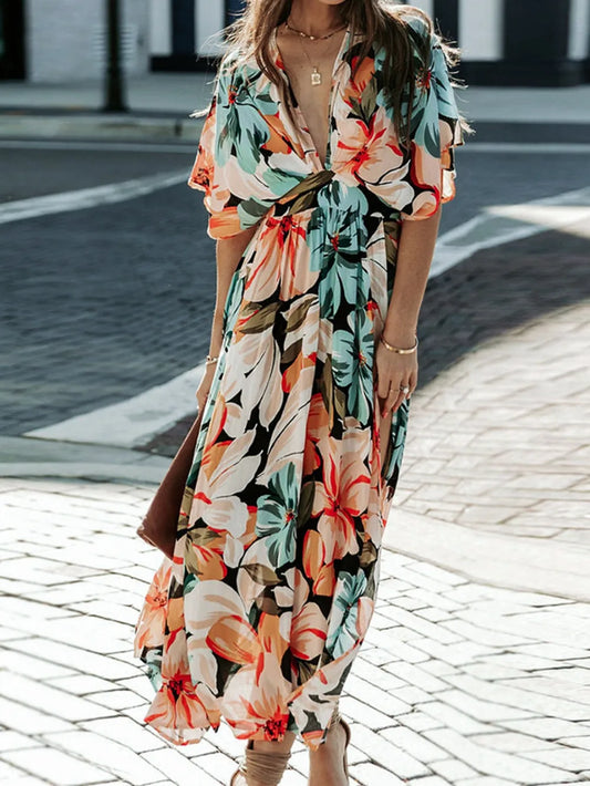 Floral Plunge Half Sleeve Dress - Velora