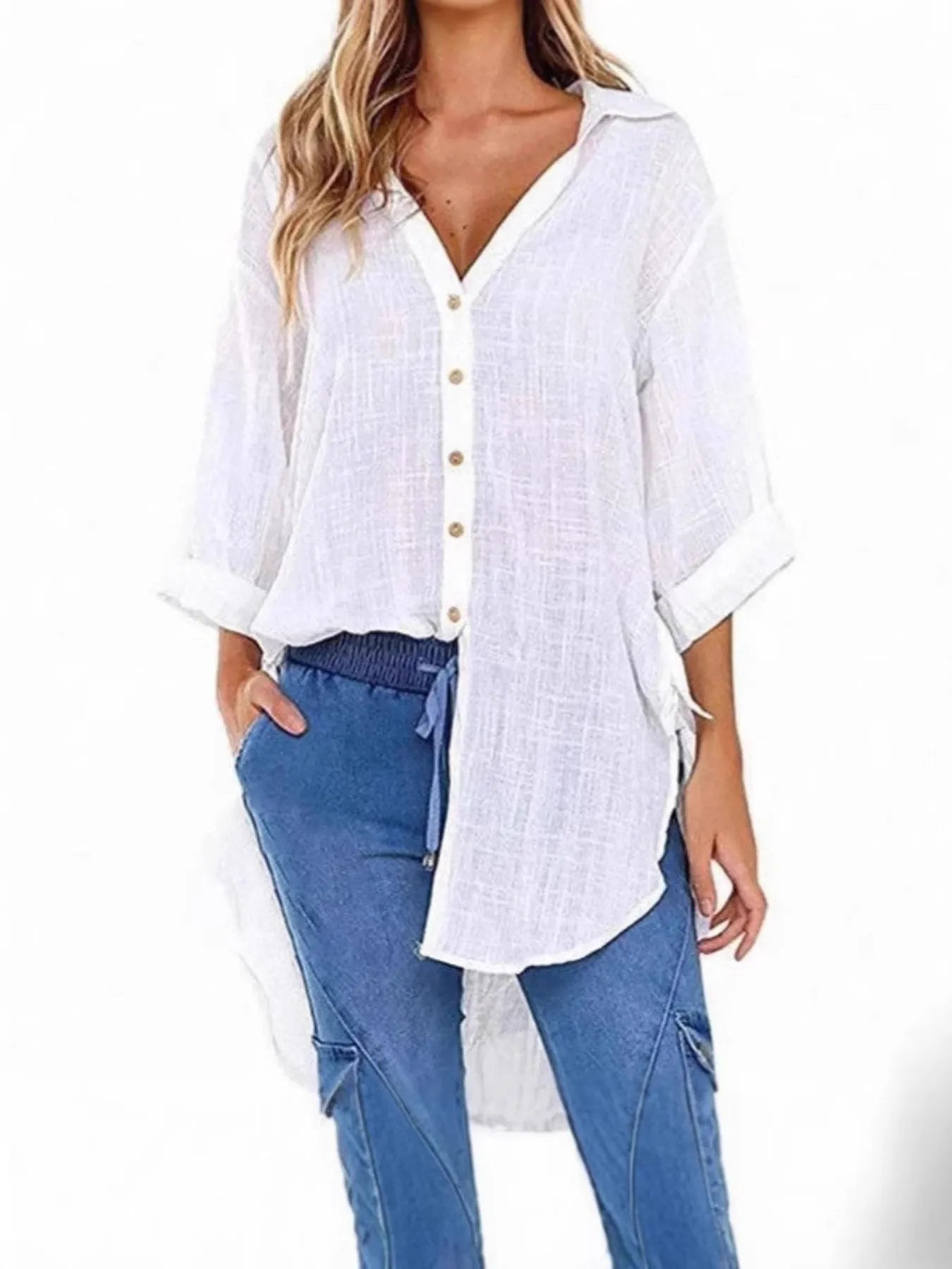 Linen Blend Button-Down Tunic Shirt - Velora