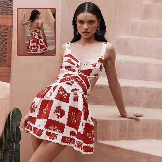 Women's Flower Print Lace Sling Dress Fashion V-neck Waist-baring Skirt Summer Clotjing - Velora