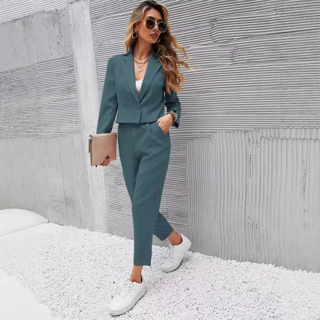 Solid Color Lapel Long Sleeve Dungarees Fashion Two-piece Suit - Velora