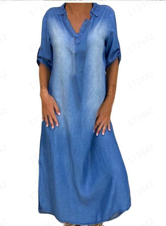 New washed denim dress Side Split Loose Mum Long Jeans Dress - Velora