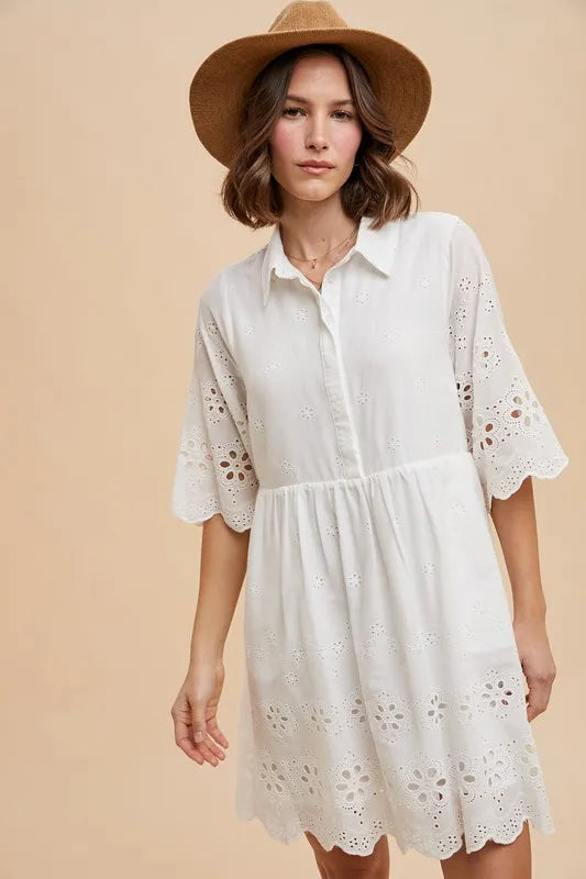Annie Wear Embroidered Scallop Edge Detail Mini Shirt Dress - Velora