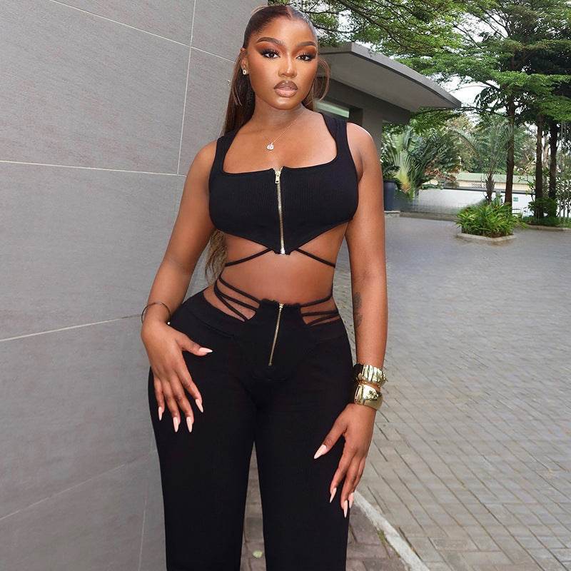 Women's Black Sleeveless Top High Waist Suit - Velora