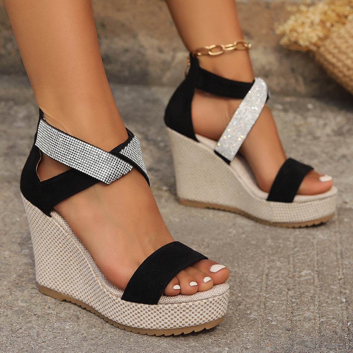 Fish Mouth High Wedges Sandals With Rhinestone Design Fashion Summer Platform Shoes For Women - Velora