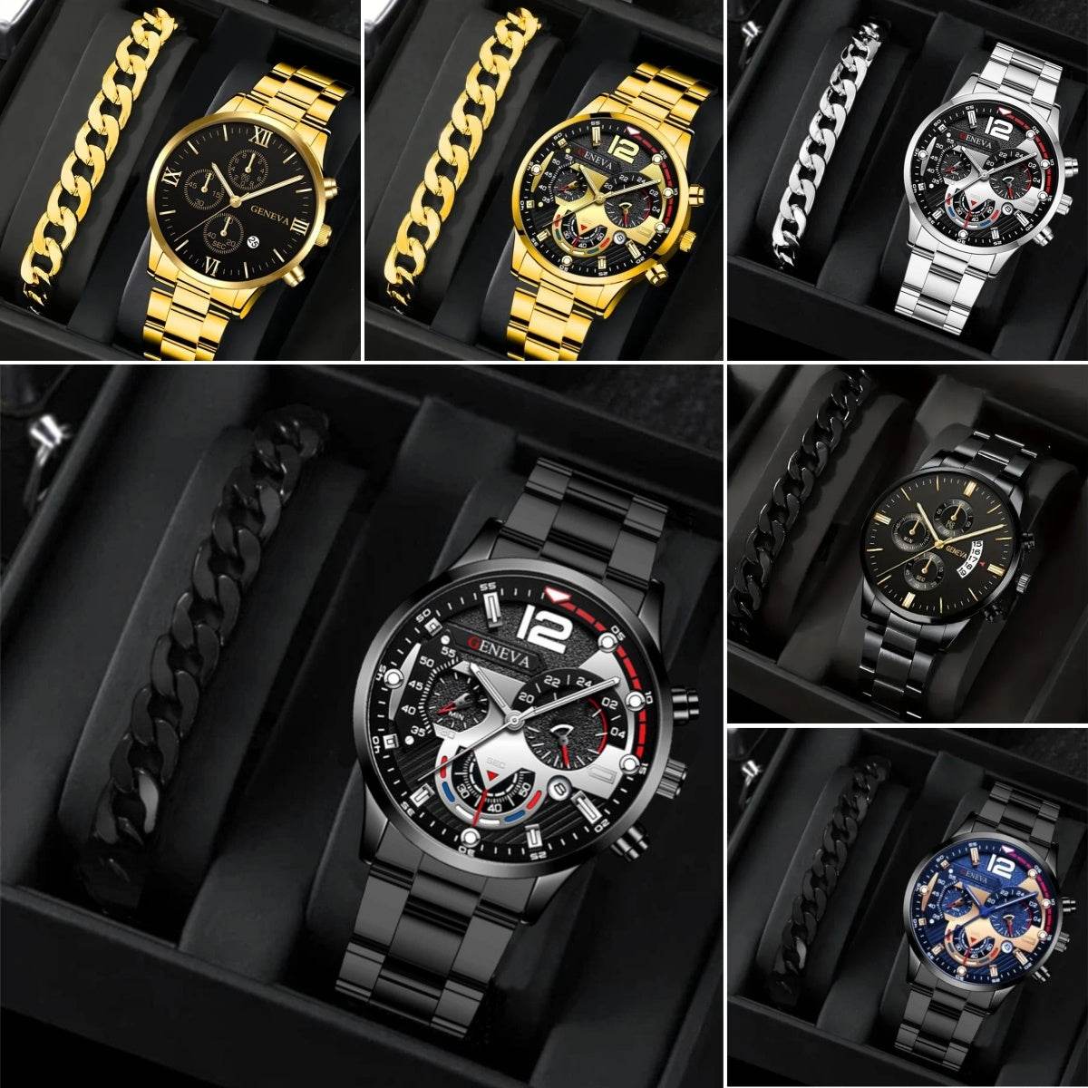 2pcs Men's New Popular Steel Strip Fashion Business Three Eye Quartz Watch Bracelet Set Valentine's Day Gifts - Velora