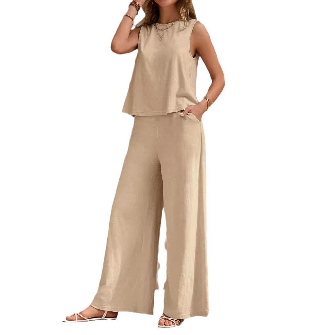 Solid Color Casual Loose Pants Sets For Women Elegant Spring Summer Women's Two Pieces Suit Full Trouser Set Female Outfit Clothes - Velora