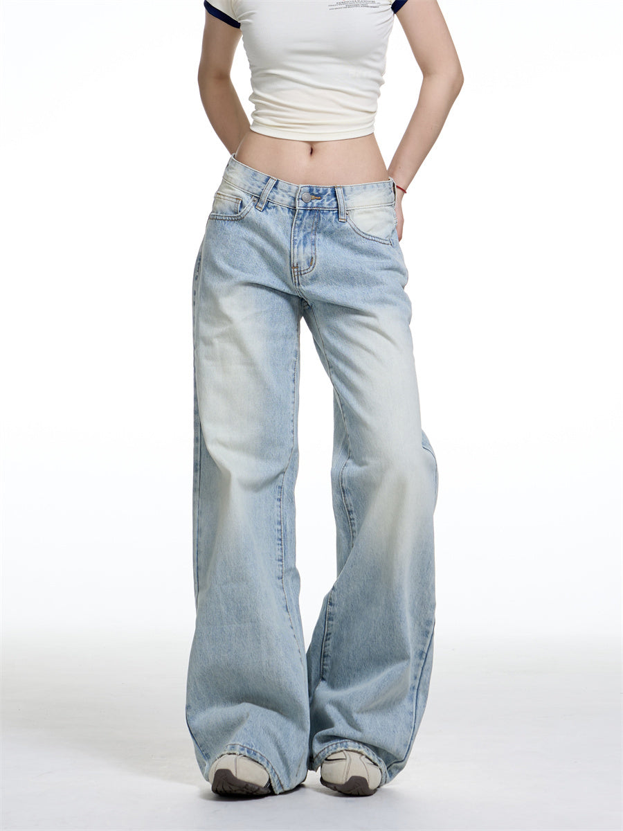 American Retro Washed Wide Leg Jeans Women's Low Waist Loose Straight Velora