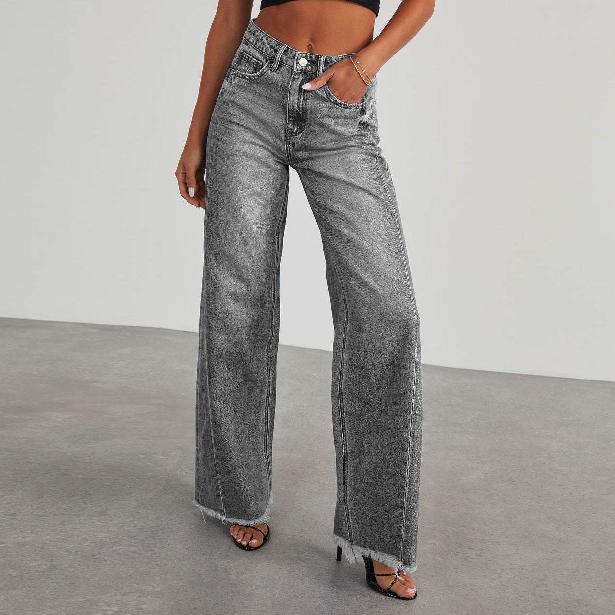 Fashion High Waist Jeans With Pockets Comfortable Slim Fit Straight Wide-leg Pants Womens Clothing - Velora