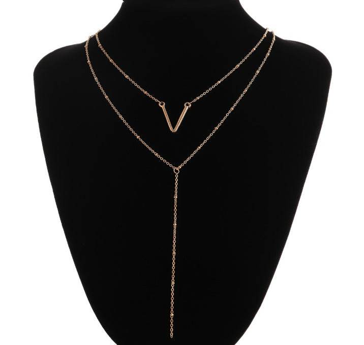 Vintage sequin alloy V-shaped pendant sweater chain Simple clavicle multilayer necklace - Velora