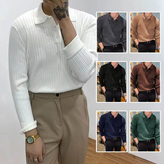 Lapel Texture Stretch Slim Knit Polo Shirt Men Polo Shirt Fashion Waffle Long-sleeved Tops Clothing Casual Comfortable Golf Men's Clothing - Velora