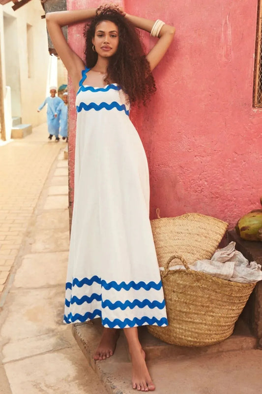 Contrast Trim Square Neck Wide Strap Dress - Velora