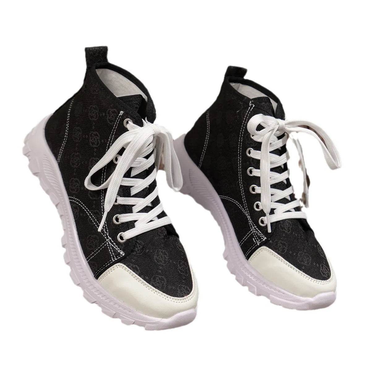Rose-printed Lace-up Boots Fashion Breathable Canvas Shoes Sports Casual Non-slip Thick-soled Short Boot For Women - Velora