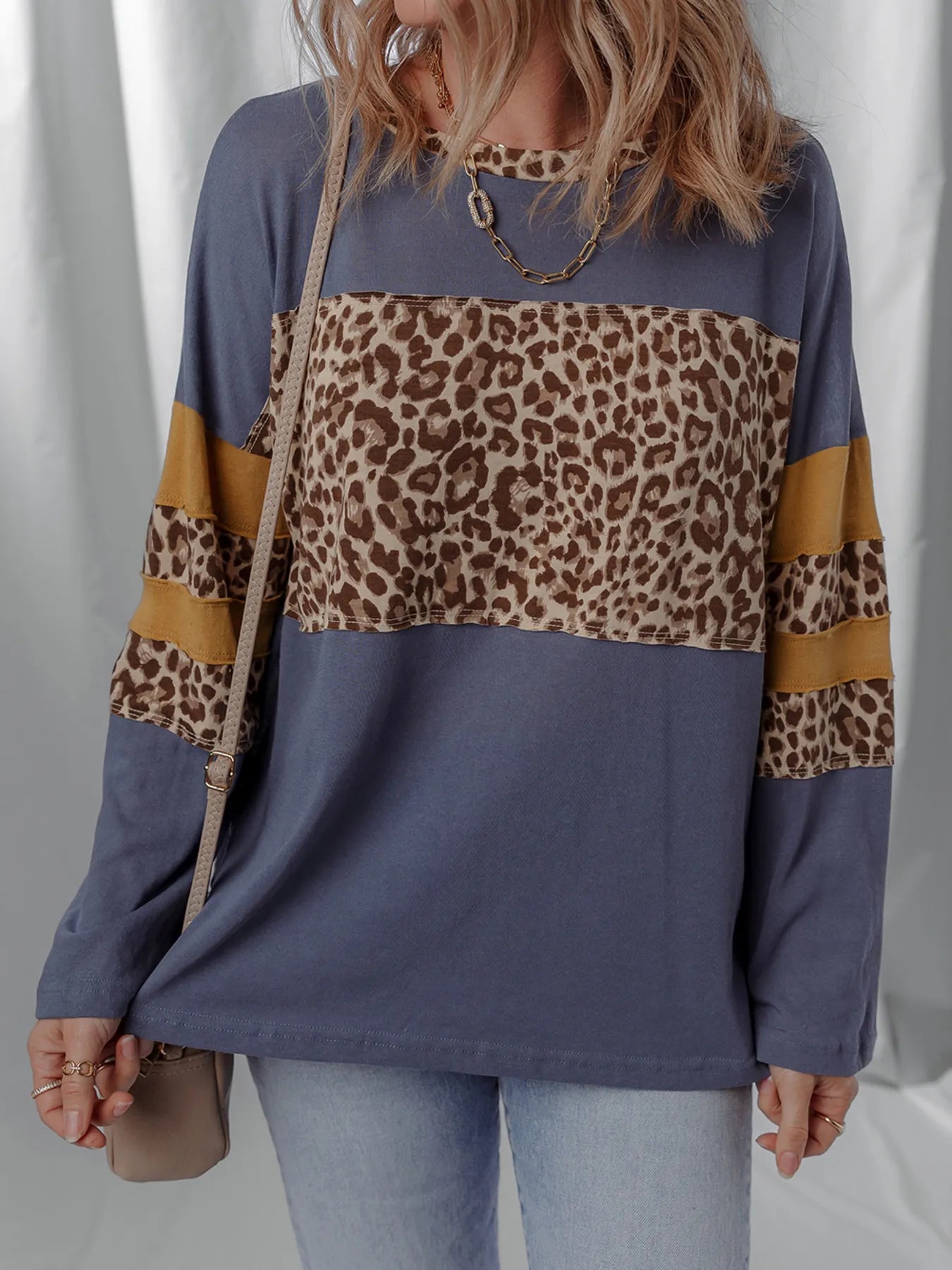 Leopard Color Block Long Sleeve Drop Shoulder Top - Velora