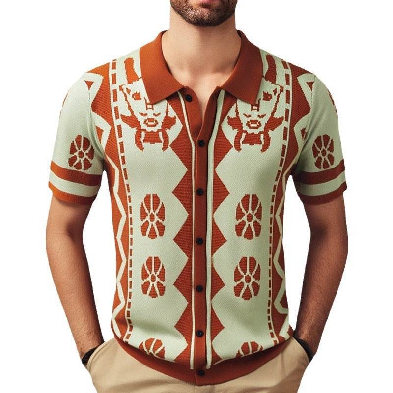 Jacquard Men's Knitted Shirt Lapel Cardigan Short Sleeve Polo Shirt - Velora