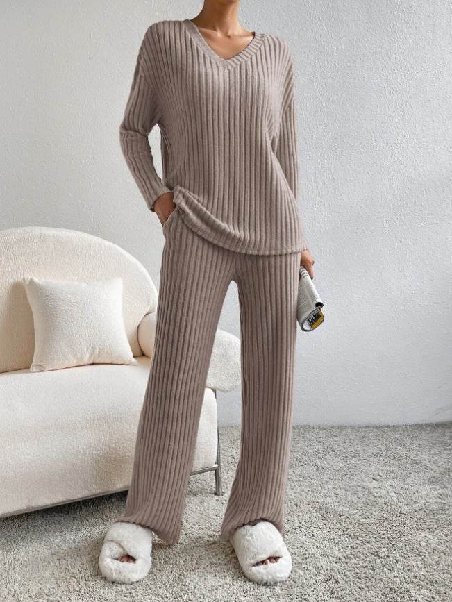 Fashion Solid Striped Suit V-neck Long-sleeved Top And Casual Straight Pants Loose Temperament Women's Clothing - Velora