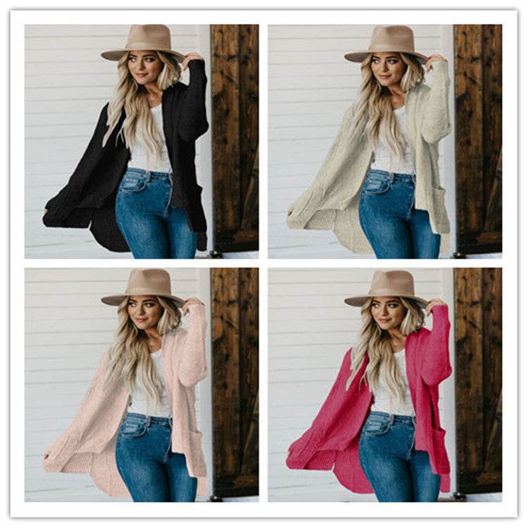 Long Sleeve Multi-color Plus Size Double Bag Cardigan Sweater - Velora
