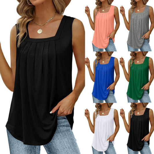 Summer cotton Tops For Women Loose Fit Pleated Square Neck Sleeveless Blouse Tops - Velora