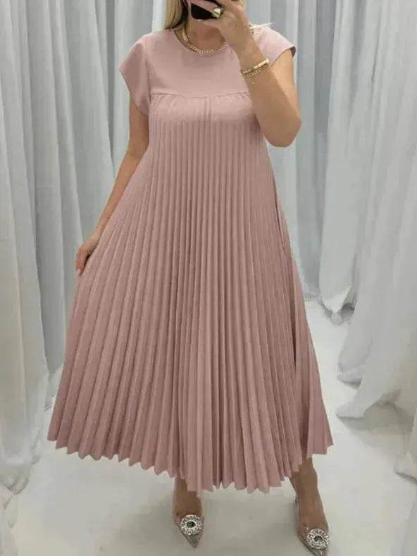 Women Summer Pleated Maxi Dress Casual Short Sleeve Crewneck Flowy Swing Long Dress with Pockets - Velora