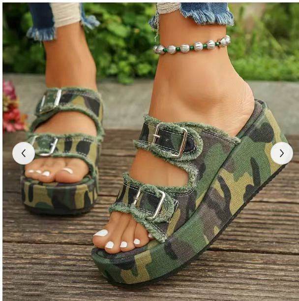 Fashion Denim Buckle Wedges Sandals Summer Outdoor High Heel Slippers Thick Bottom Camouflage Shoes For Women - Velora