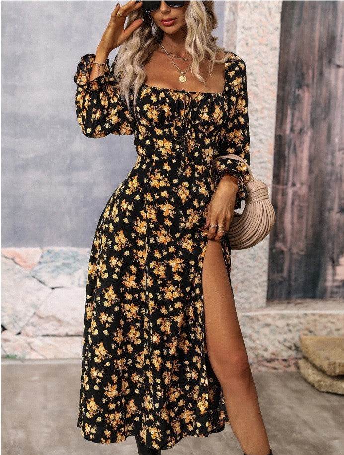 Flowers Printing Long Sleeve Dress Fashion Square-neck Bottom Slit Dresses Womens Clothing - Velora