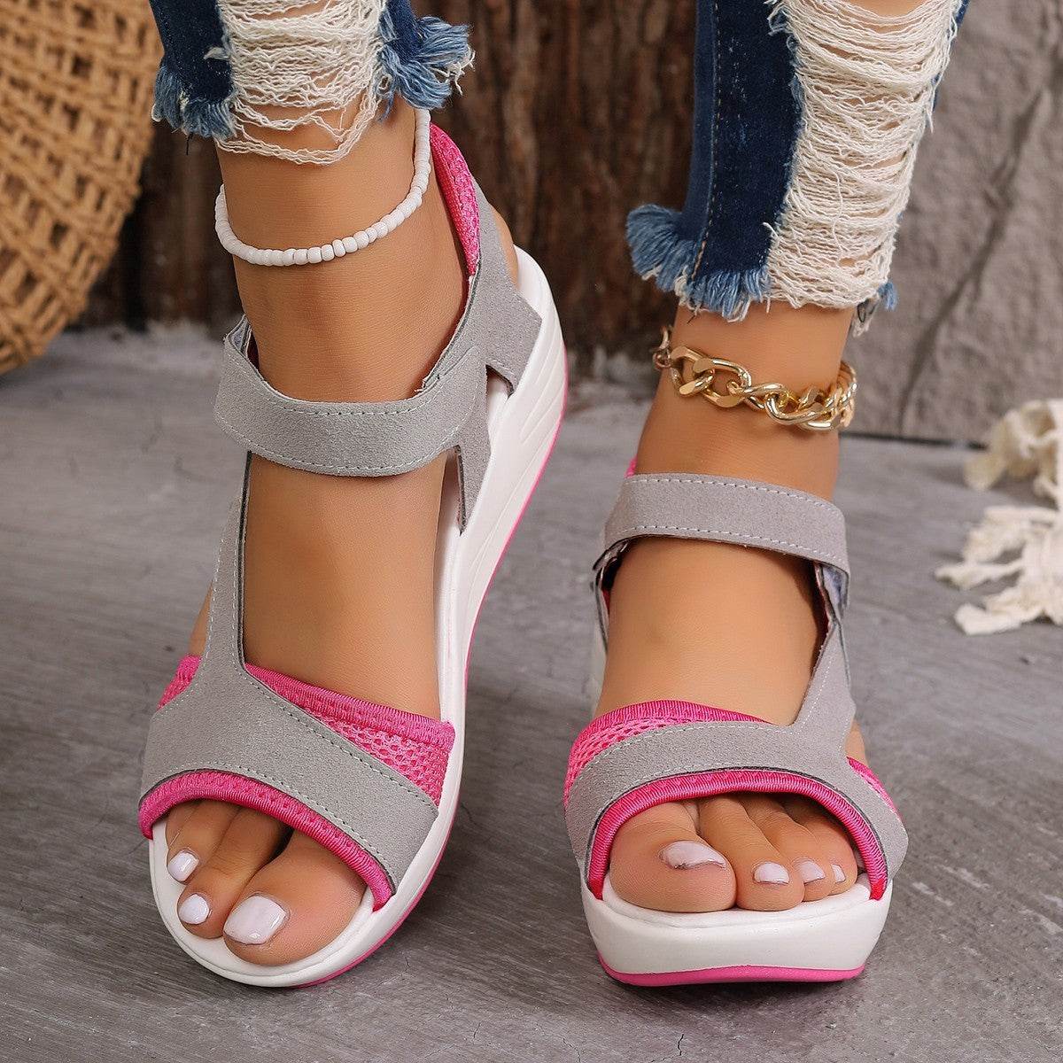 Velcro-design Sports Sandals Summer Color-blocked Wedges Breathable Mesh Shoes Summer Fish Mouth Sandals For Women - Velora