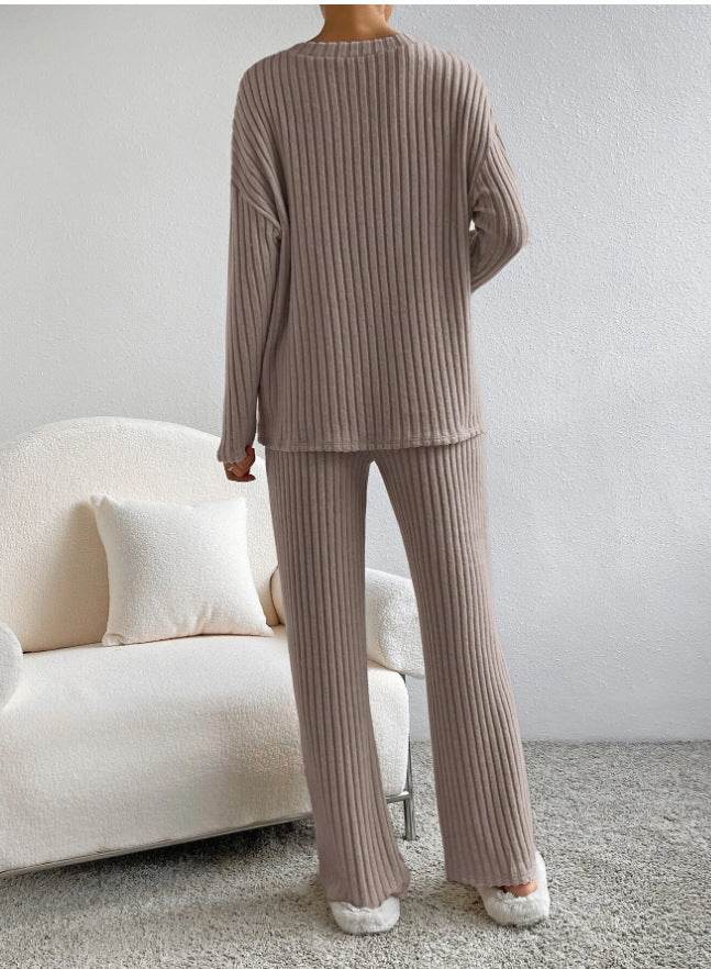 Fashion Solid Striped Suit V-neck Long-sleeved Top And Casual Straight Pants Loose Temperament Women's Clothing - Velora
