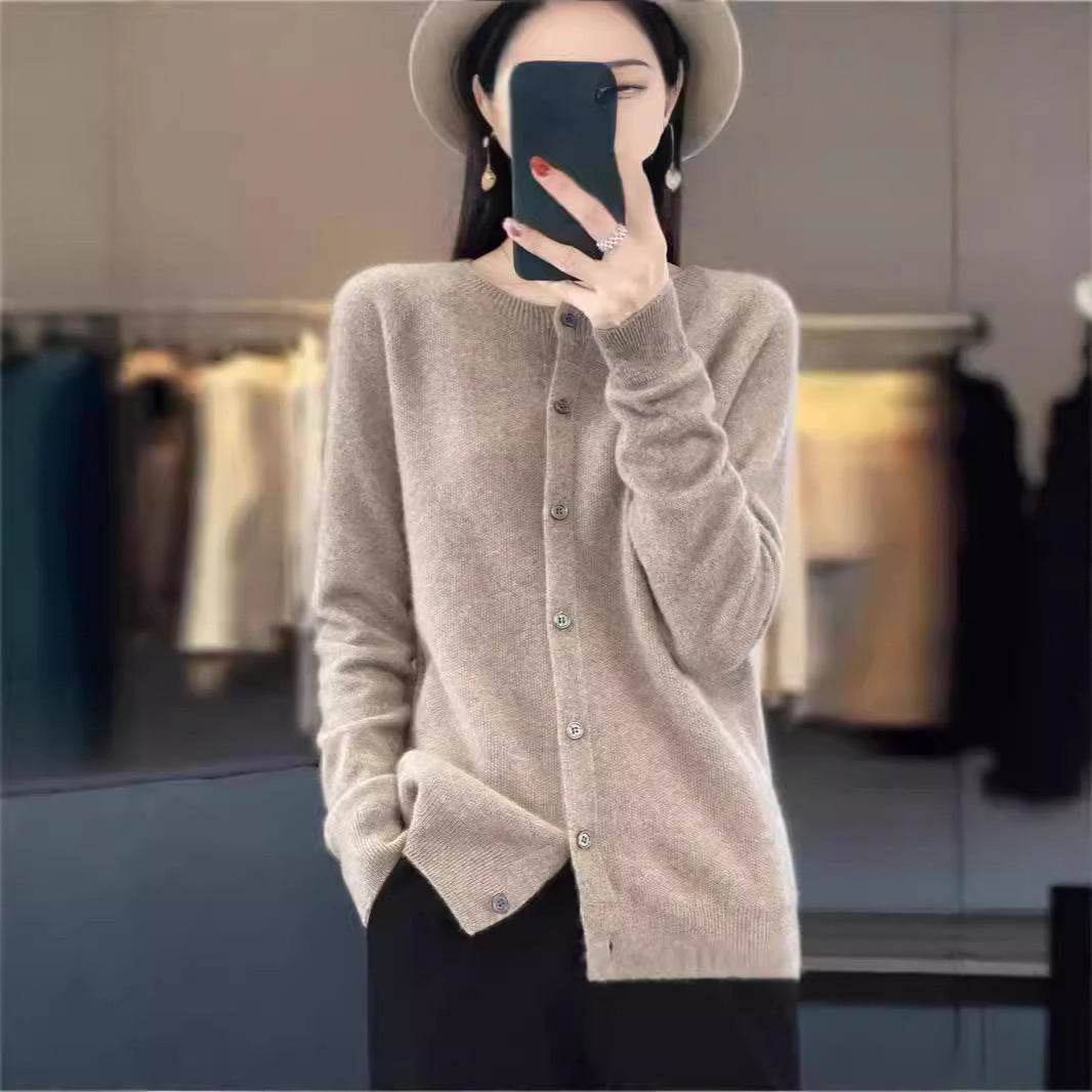 Fashion Merino Wool Cardigan Sweater Women O-Neck Long-sleeve Cashmere Knitwear Spring Autumn Female Clothing Tops - Velora