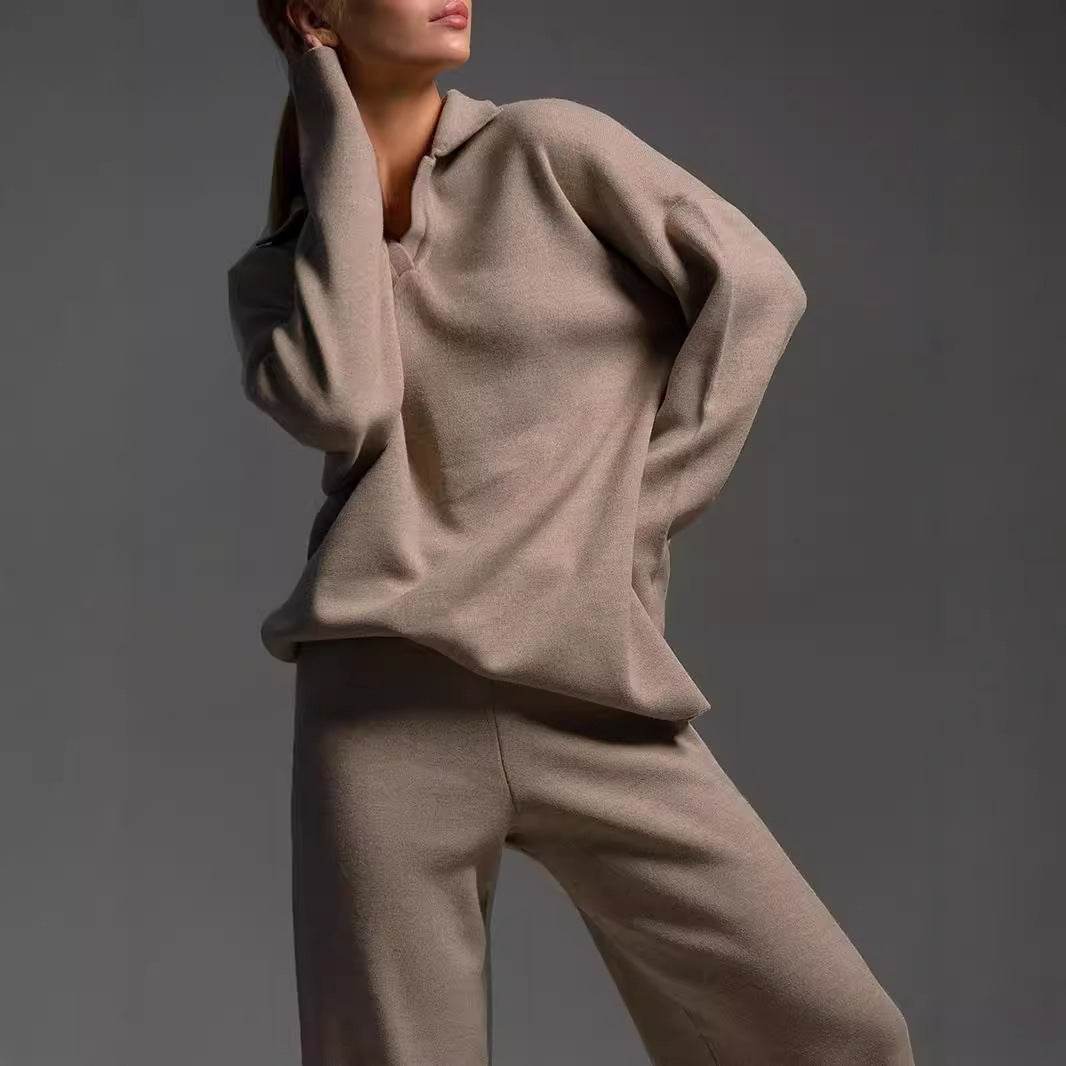 Fall Winter Two Piece Set Women's Simple Loose Solid Color Collar Sweater Set Fashion Casual Sport Wear Set - Velora