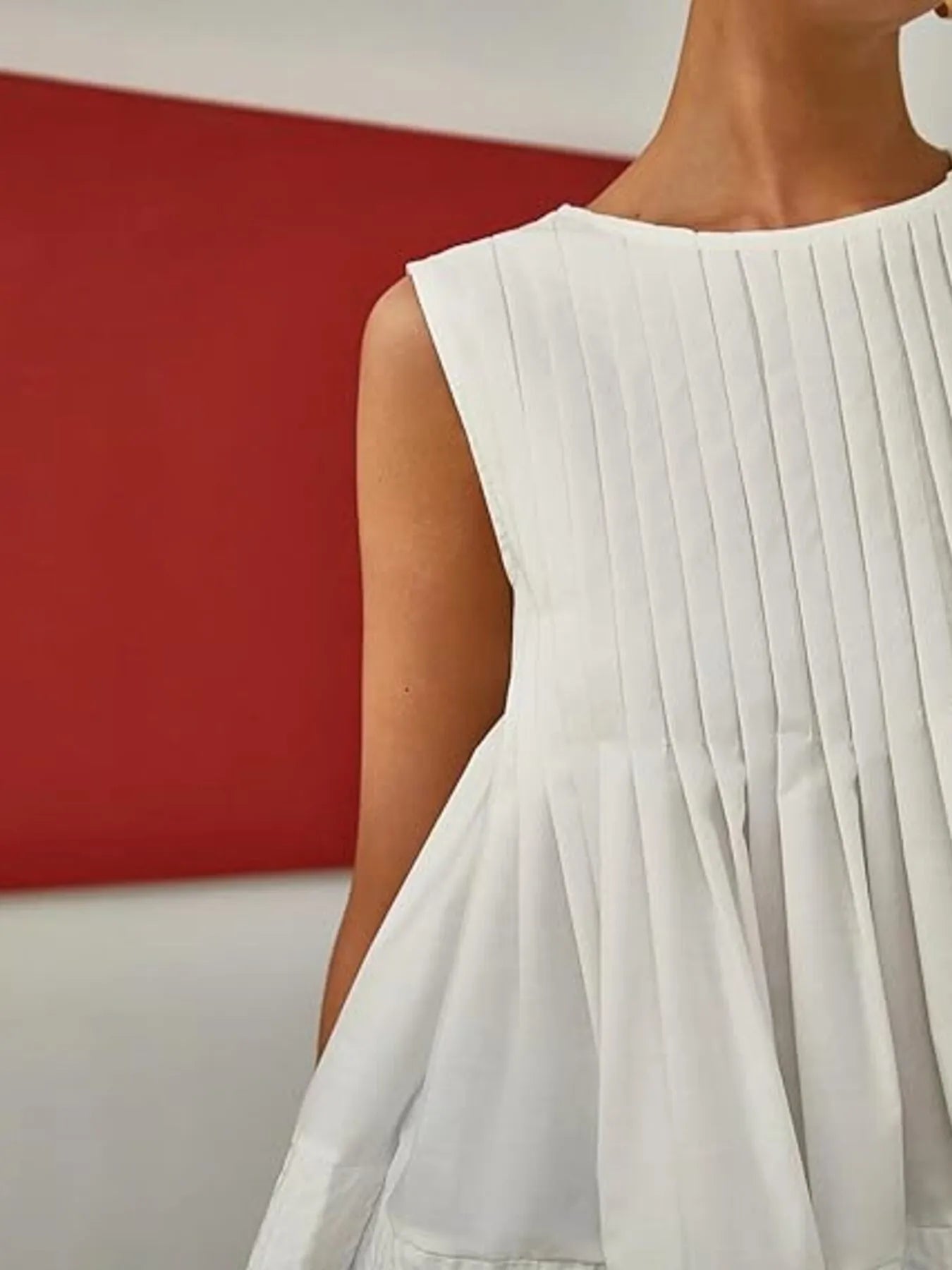 Pleated Peplum Round Neck Sleeveless Top - Velora