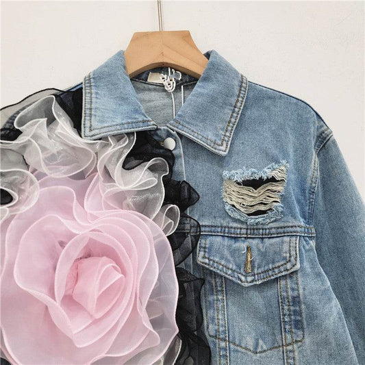 Elegant women fashion embroidered cropped Ripped blue Denim Jacket - Velora