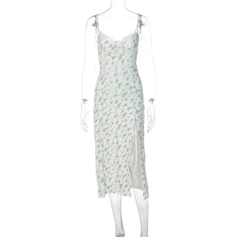Women's Floral Spaghetti Strap Cami Dress Lace Trim Side Slit Bodycon Midi summer Dress - Velora
