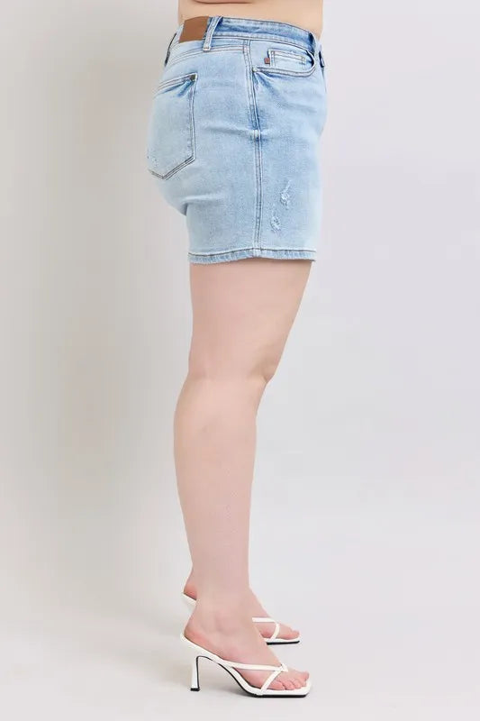 Judy Blue Full Size Mid Rise Washed Denim Shorts Plus Size - Velora