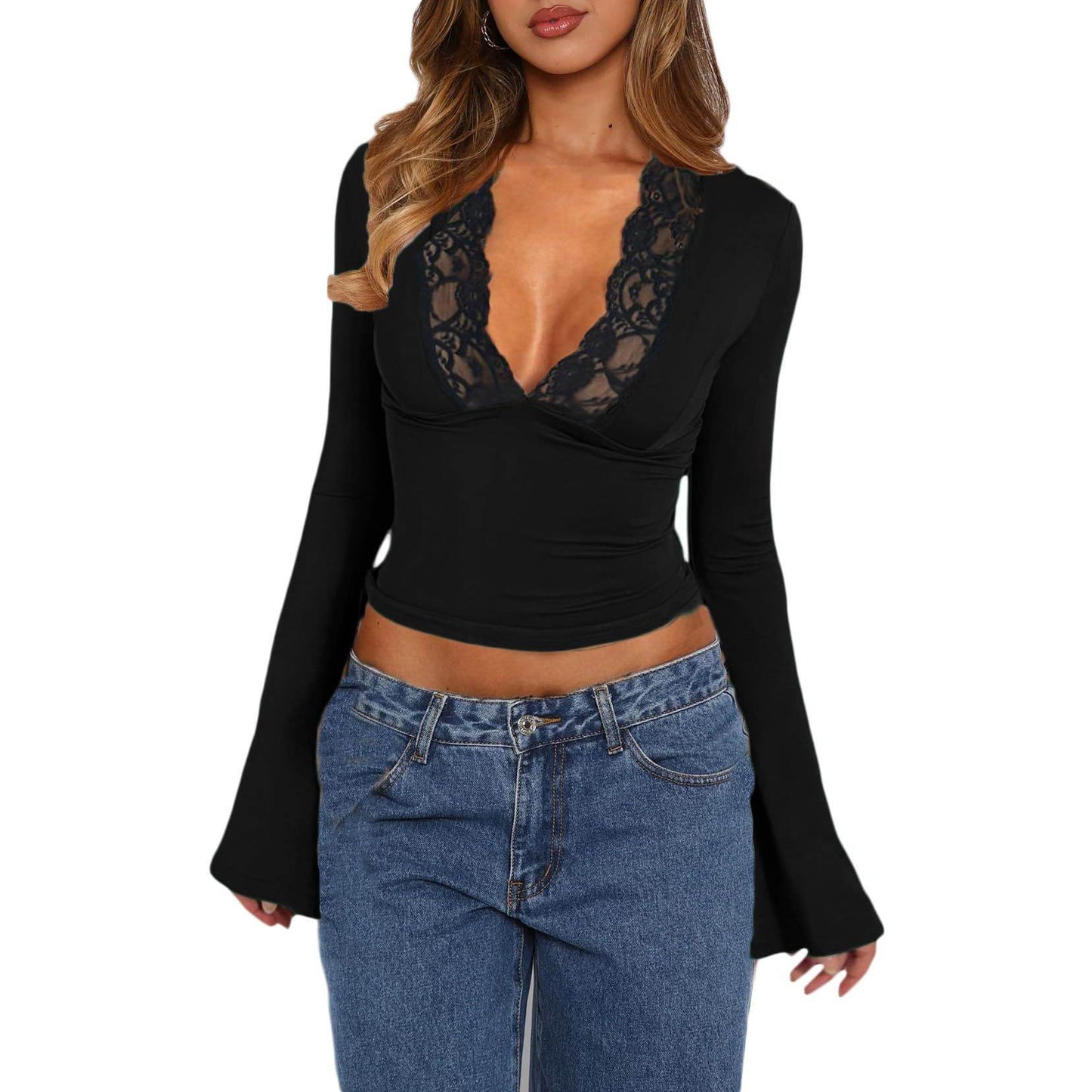 Slim V-neck Lace T-Shirt Ins Fashion Trumpet Sleeve Long-sleeved Top Women Clothing - Velora