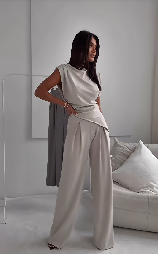 Women's Sleeveless Suit Fashion Slim Irregular Split Top And Straight Pants Solid Trouser Set Velora