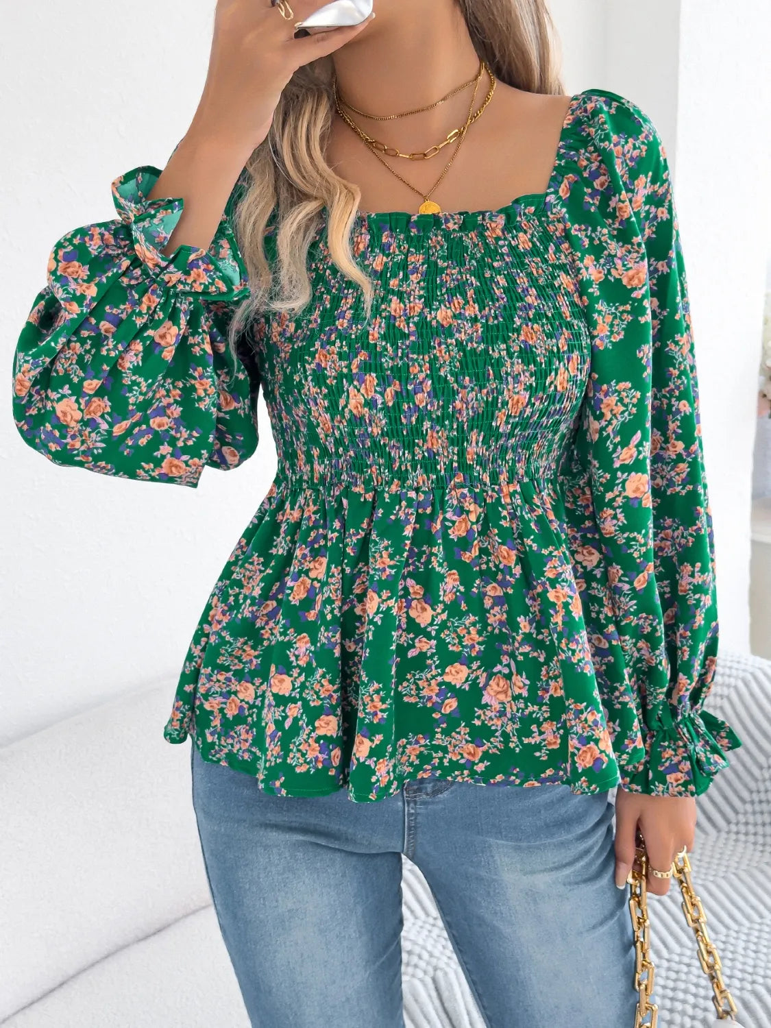 Floral Square Neck Flounce Sleeve Blouse - Velora