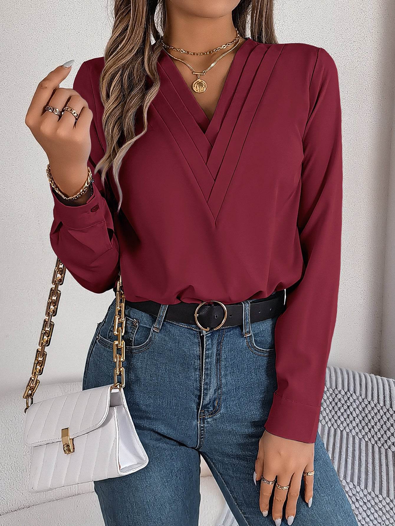Fashion V-Neck Long Sleeve Shirt Elegant Commuter Solid Blouse Office Women's Clothing - Velora