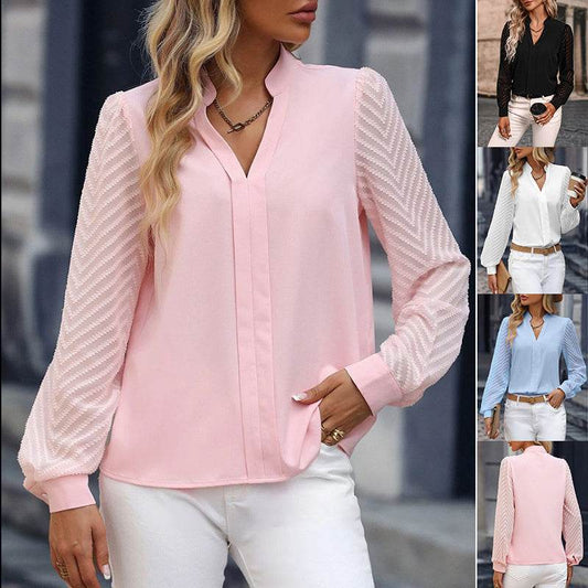 V-neck Long-sleeved Chiffon Shirt Lace Stitching Solid Color Tops Women Clothing - Velora
