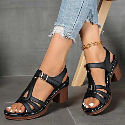 Buckle Strap Block Heel Sandals - Velora