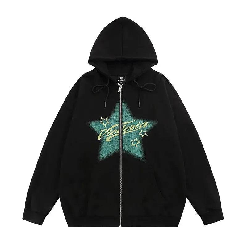 American street Star Printed Hoodie Cardigan unisex for fall winter - Velora