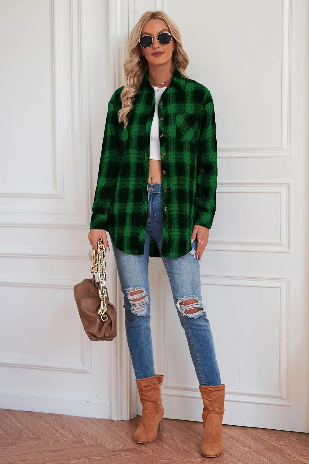 Plaid Button Up Dropped Shoulder Outerwear - Velora
