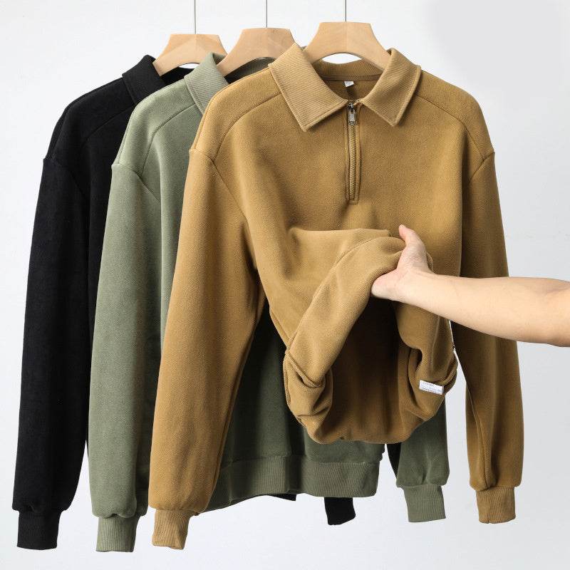 Fashion Lapel Half-zip Sweatshirt Winter Warm Fleece Long Sleeve Top Men's Clothing - Velora