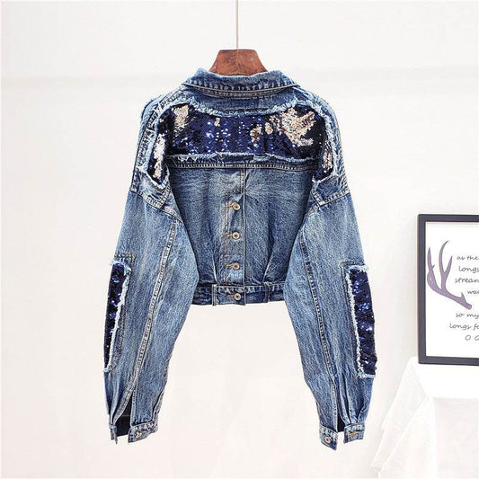 Heavy Industry Sequins Short Doll Sleeve Denim Jacket Women - Velora