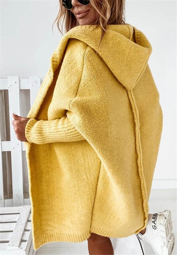 Fashion Bat Sleeve Hooded Cardigan Oversized Loose Temperament Solid Color Sweater Womens Clothing - Velora