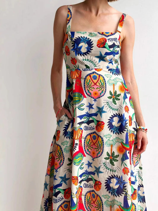 Printed Square Neck Maxi Dress - Velora