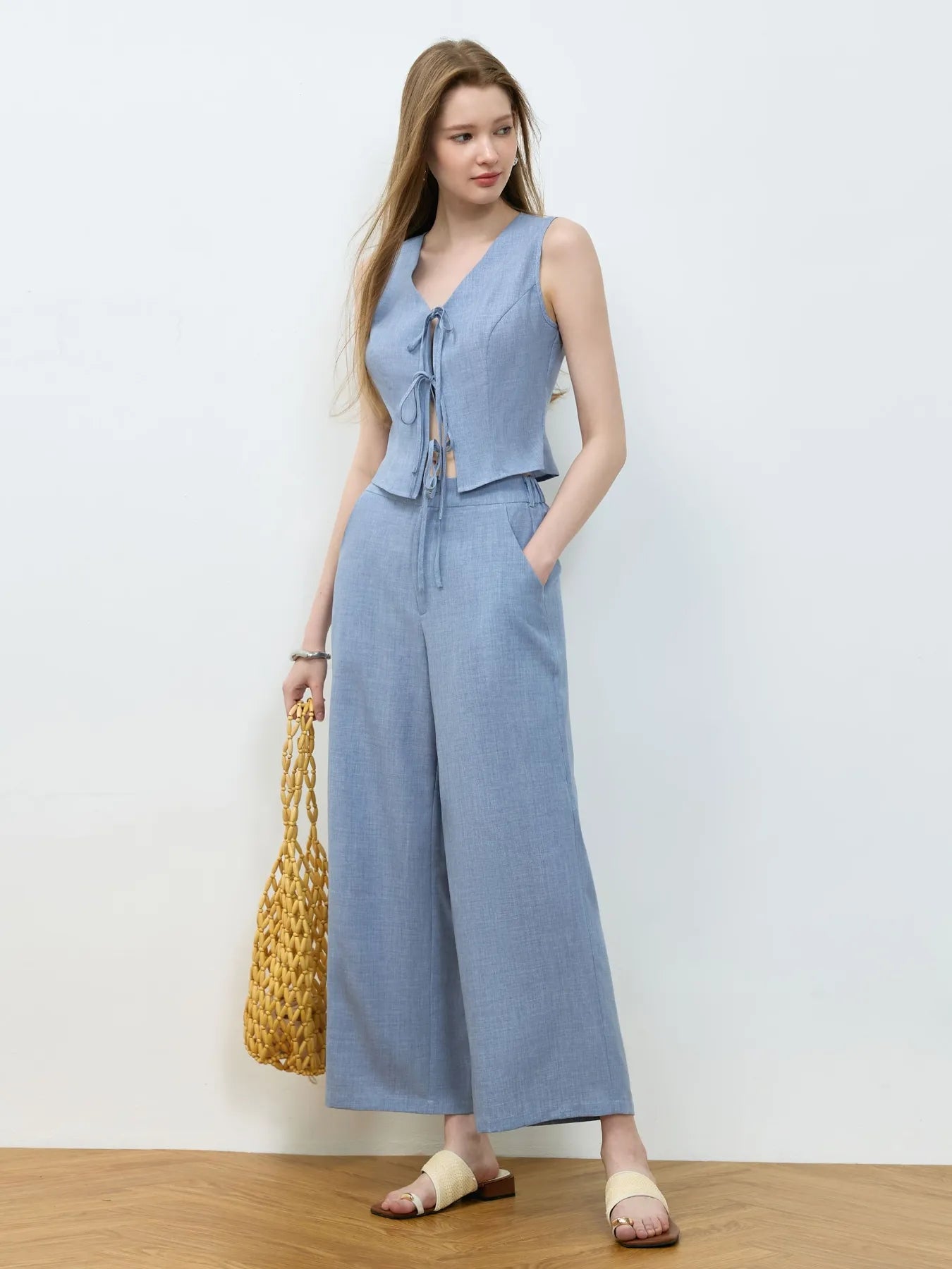 Tie Front Vest and Wide Leg Pants Set - Velora